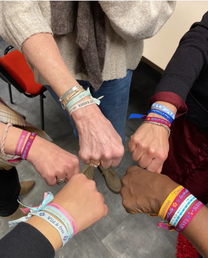 des mains avec des bracelets en tissus